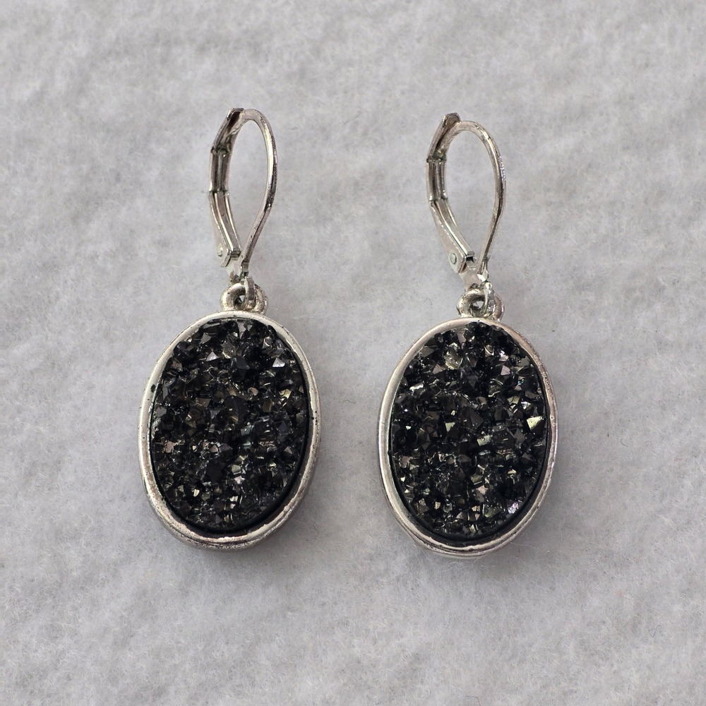 Joan Rivers Silver Tone Black Druzy Oval Drop Lever Back Earrings Jewelry